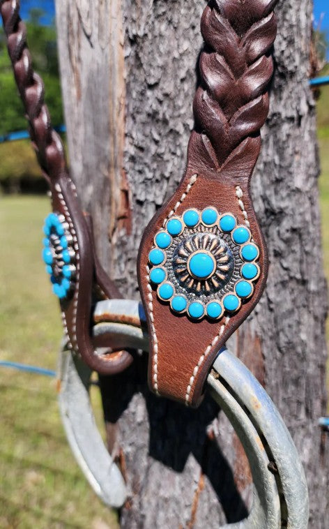 One Ear Plait Bridle with Turquoise Conchos
