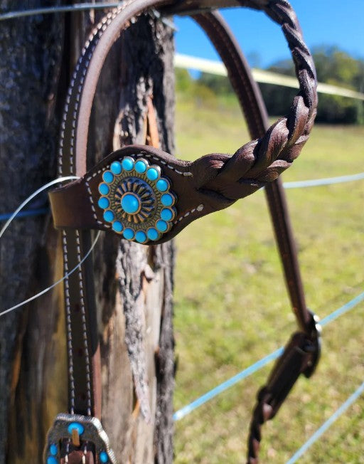 One Ear Plait Bridle with Turquoise Conchos