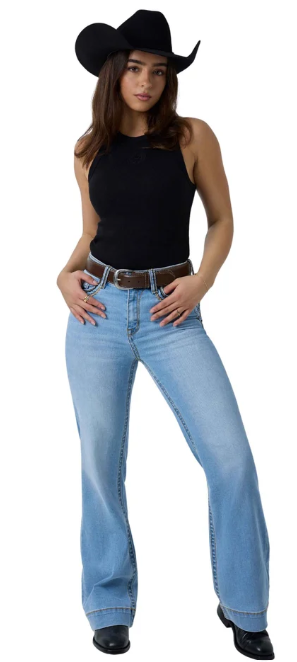 Indi Rodeo Saddle Stitch Womens High Rise Wide Bootleg Jean