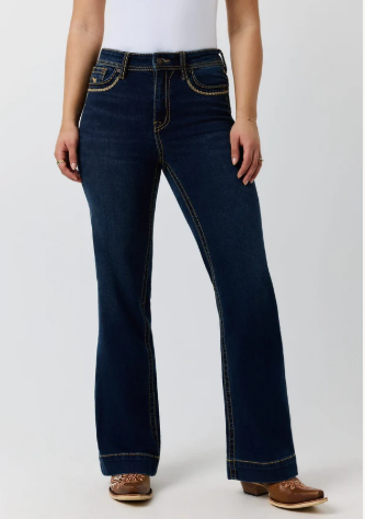 Indi Rodeo Saddle Stitch Womens High Rise Wide Bootleg Jean