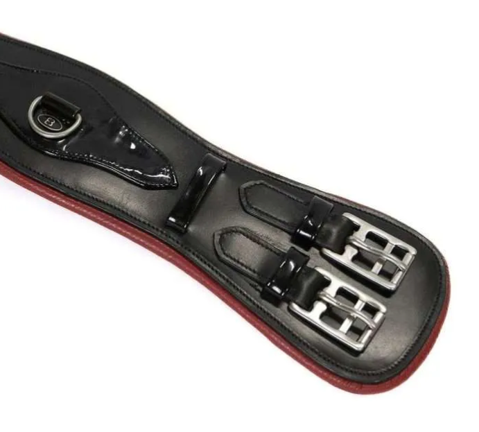 Belle Equestrian Anatomical Leather Girth w Red Trim