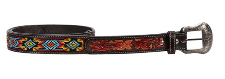 Beaded/Tooled Belt Turquoise Aztec