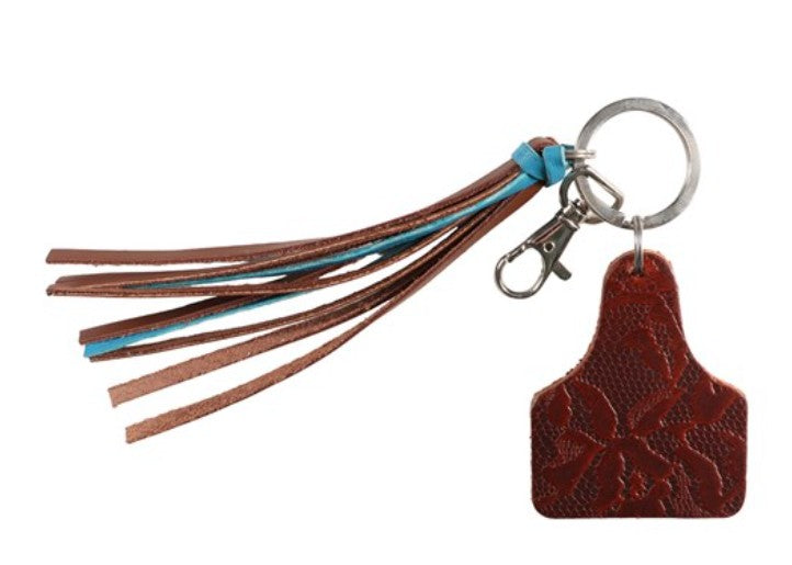 Ear Tag Tassel Key Ring Brown