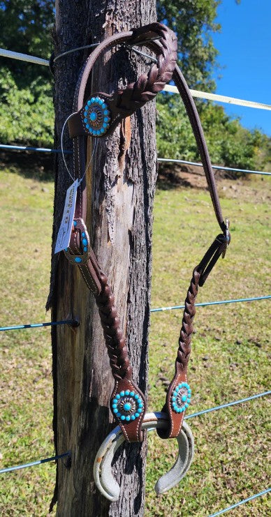 One Ear Plait Bridle with Turquoise Conchos