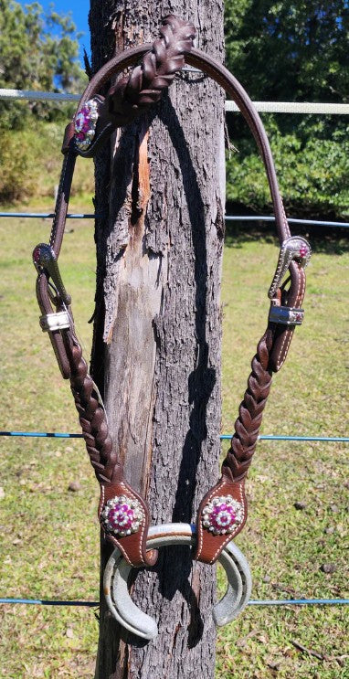 One Ear Plait Bridle with Pink Conchos