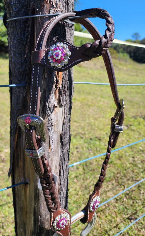One Ear Plait Bridle with Pink Conchos