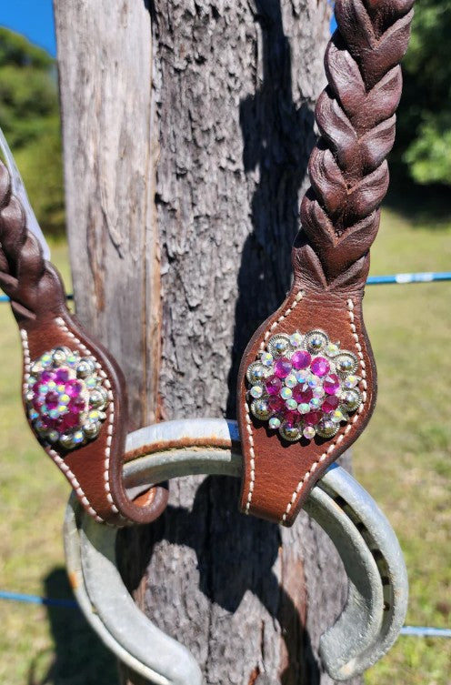 One Ear Plait Bridle with Pink Conchos