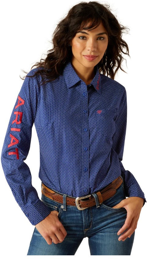 Ariat Womens Wrinkle Resistant Team Kirby Stretch Long Sleeve Shirt Cobalt