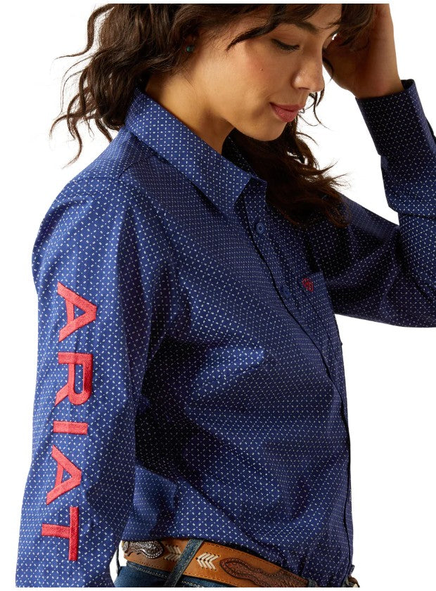 Ariat Womens Wrinkle Resistant Team Kirby Stretch Long Sleeve Shirt Cobalt