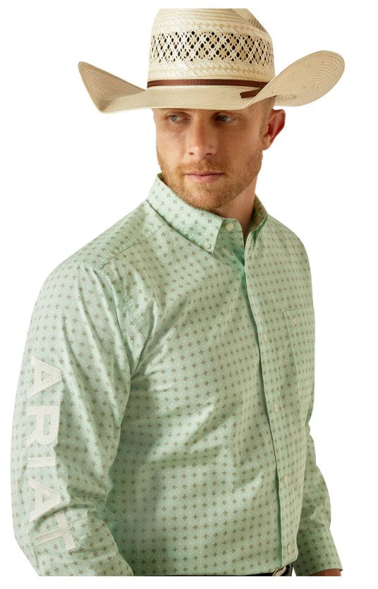 Ariat Mens Team Pierson Classic Fit Long Sleeve Shirt Light Green/White