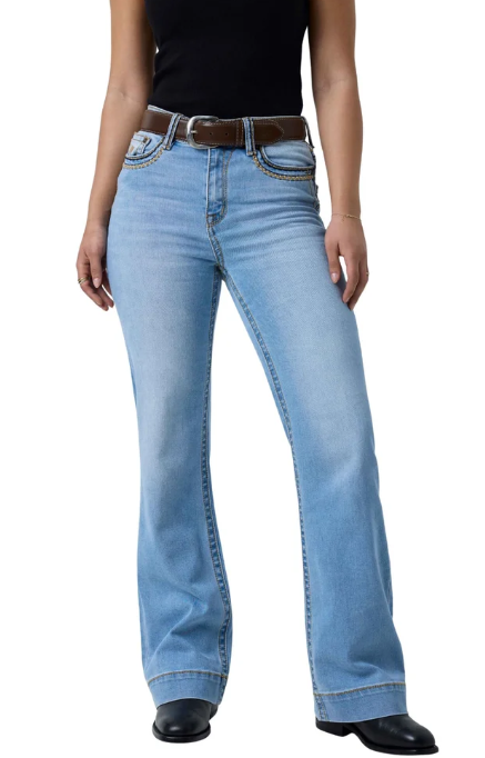 Indi Rodeo Saddle Stitch Womens High Rise Wide Bootleg Jean.