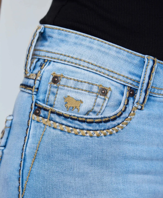 Indi Rodeo Saddle Stitch Womens High Rise Wide Bootleg Jean